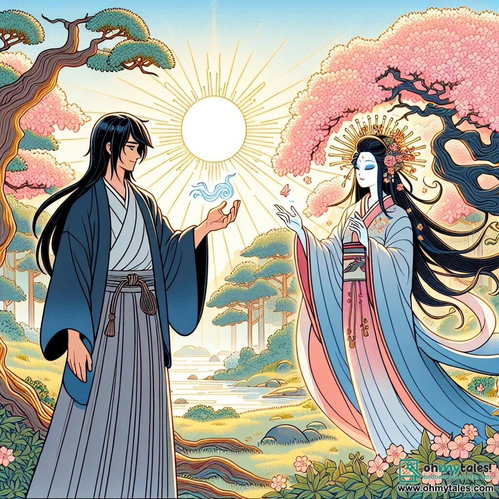 Une illustration sous forme de dessin destinée aux enfants représentant une clairière ensoleillée au cœur d'une forêt japonaise, où un homme aux cheveux noirs et longs, vêtu d'un kimono simple, se tient émerveillé devant un majestueux cerisier en fleurs, tandis qu'une élégante femme esprit aux robes flottantes et aux yeux scintillants l'observe avec bienveillance, alors qu'il tient dans ses mains un poisson argenté, symbole de sagesse, illustrant le moment où il découvre le courage nécessaire pour affronter ses peurs et partager ses leçons avec son village.
