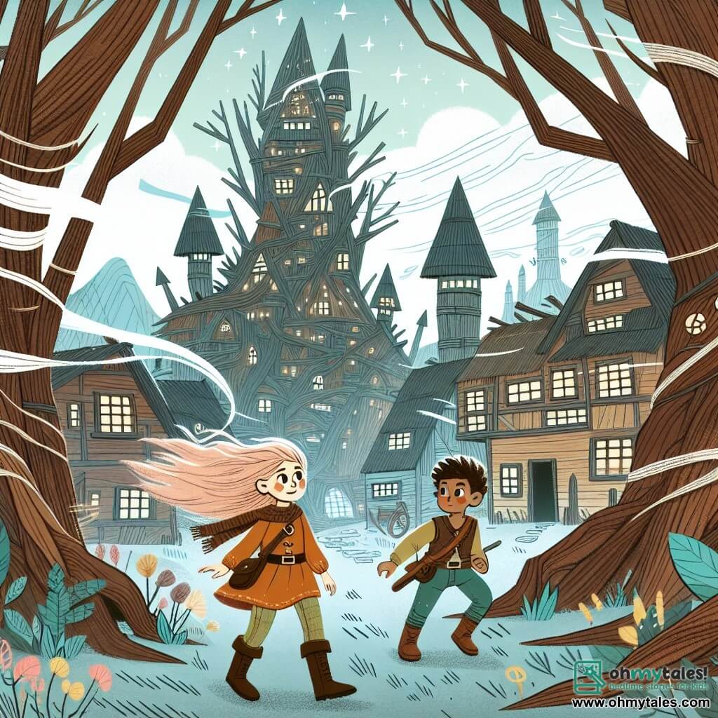 Une illustration destinée aux enfants représentant une jeune fille courageuse explorant un mystérieux bois enchanté aux arbres tordus, accompagnée d'un garçon intrépide, dans un village mêlant l'ancien et le futuriste, avec des cabanes en bois côtoyant des tours métalliques étincelantes, où le vent murmure d'anciennes légendes.