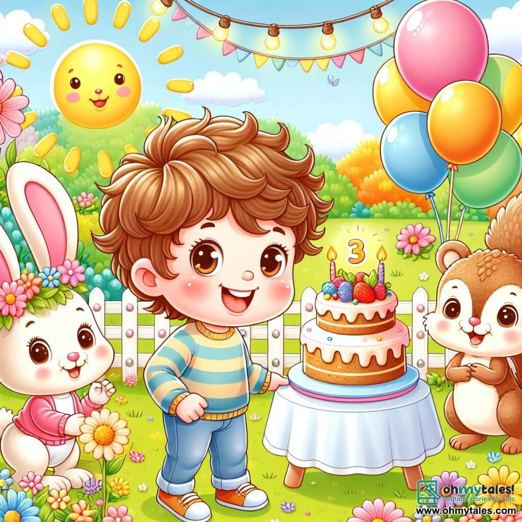 Une illustration sous forme de dessin destinée aux enfants représentant un jardin ensoleillé de Snugglewood, rempli de fleurs colorées et de ballons flottants, où un garçon de 3 ans aux yeux brillants et aux cheveux bouclés, souriant avec enthousiasme, se tient devant une grande table décorée avec un gâteau à la crème et des lumières scintillantes, tandis qu'une petite lapine aux oreilles roses et un écureuil espiègle aux yeux malicieux l'aident à préparer une surprise pour sa maman, tous les trois prêts à célébrer la fête des mères avec joie et amour.