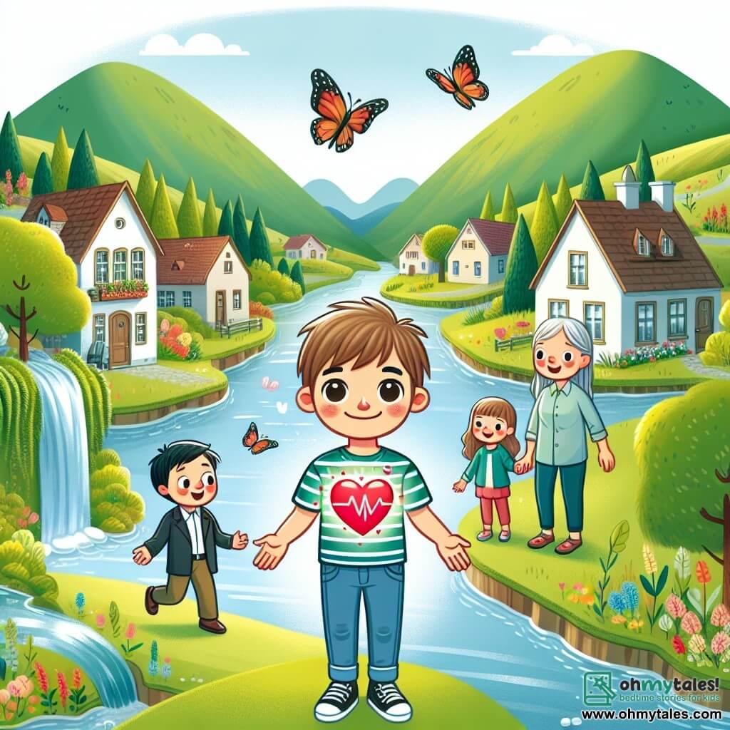 Une illustration destinée aux enfants représentant un garçon au cœur battant comme un papillon, accompagné de sa famille et de ses amis, dans une charmante petite ville entourée de collines verdoyantes et de ruisseaux pétillants.