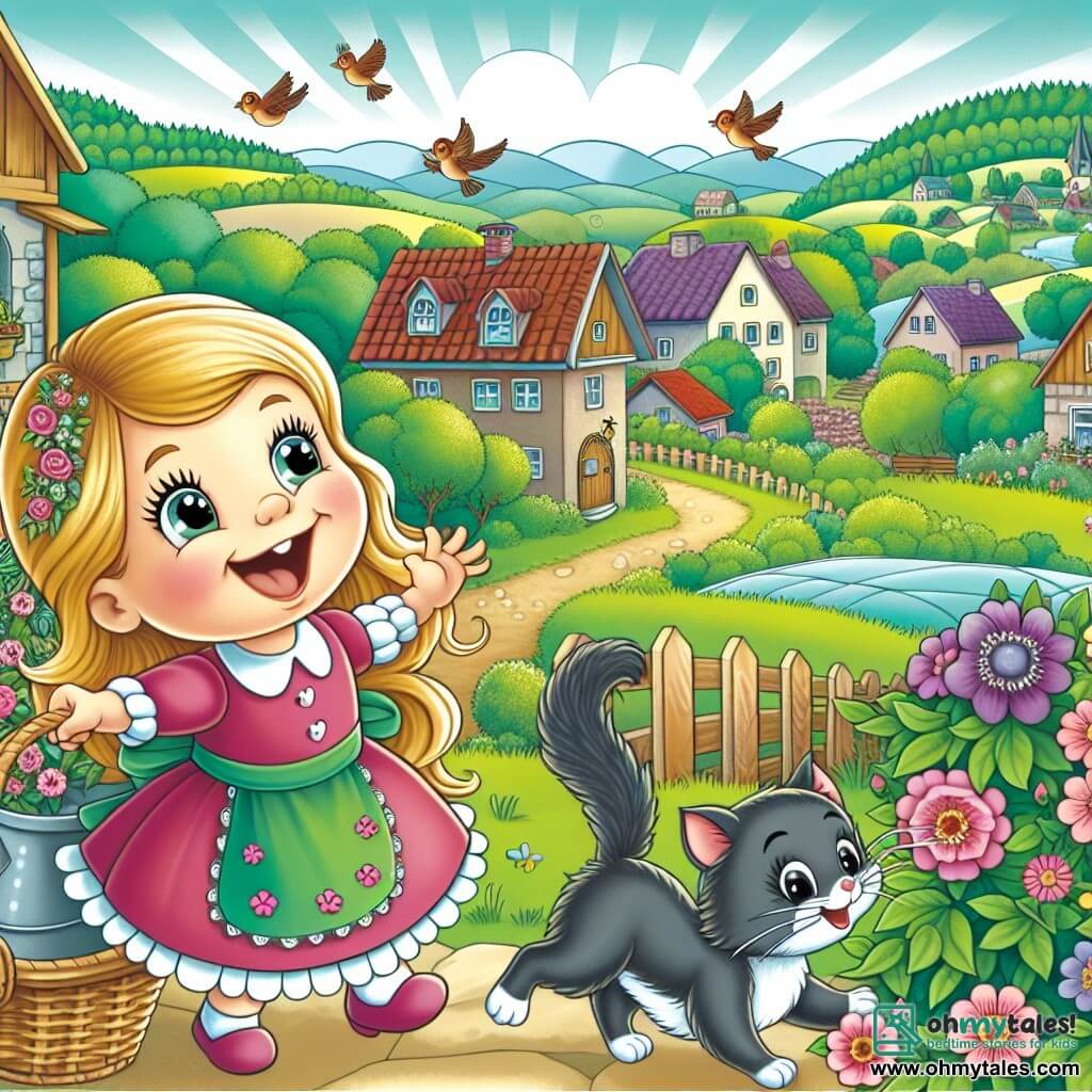Une illustration destinée aux enfants représentant une fillette lumineuse et joyeuse préparant une surprise de la fête des mères avec l'aide de son chat espiègle, dans une petite ville paisible entourée de collines verdoyantes et d'oiseaux chantants.