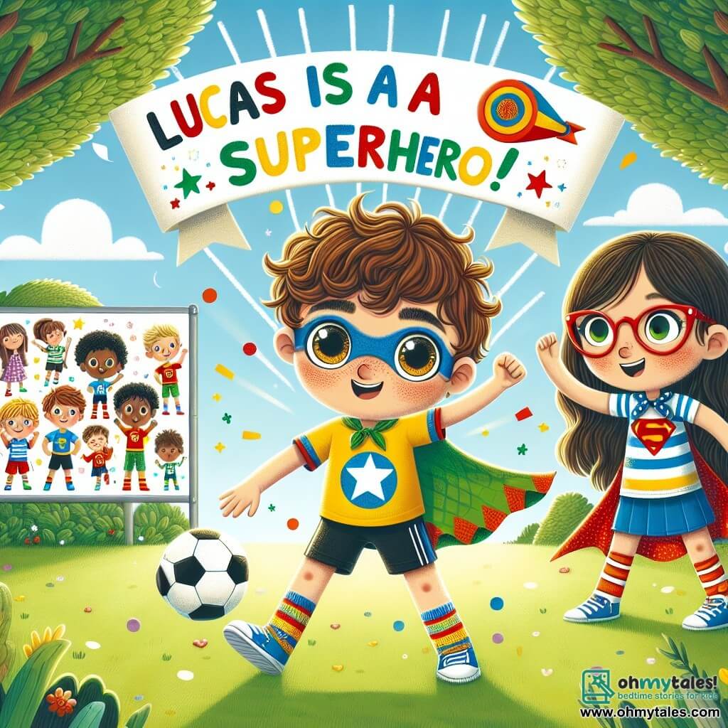 Une illustration sous forme de dessin destinée aux enfants représentant un parc ensoleillé avec des arbres verdoyants et un ciel bleu, où un garçon de 7 ans avec des cheveux bouclés bruns et des yeux pétillants joue au soccer, vêtu d'un t-shirt coloré et d'un short, tandis qu'une fille de 9 ans avec des lunettes rouges et une cape faite de draps colorés l'encourage en levant les bras, symbolisant leur amitié et leur courage face à la maladie, avec un grand panneau en arrière-plan portant l'inscription "Lucas est un Superhéros !" décoré de dessins de super-héros et de confettis.