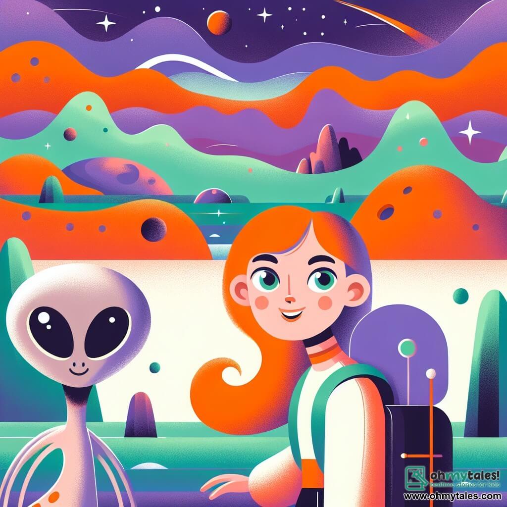 Une illustration destinée aux enfants représentant une jeune femme audacieuse et curieuse, une créature extraterrestre bienveillante, explorant une planète lointaine aux ciels violets, aux océans verts et aux montagnes oranges.