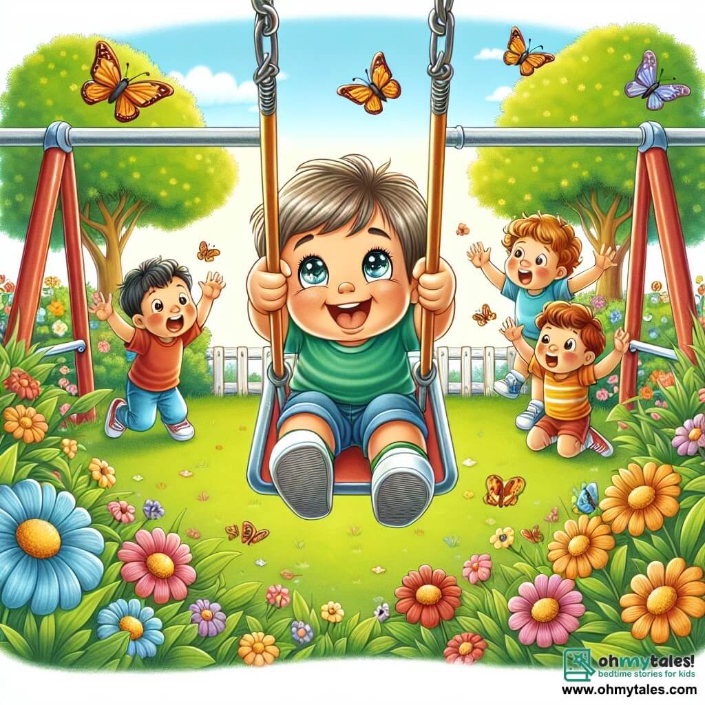 Une illustration destinée aux enfants représentant un petit garçon aux yeux pétillants surmontant sa peur en se balançant sur les barres d'un parc, encouragé par ses amis, dans un parc ensoleillé rempli de fleurs colorées et de papillons virevoltants.