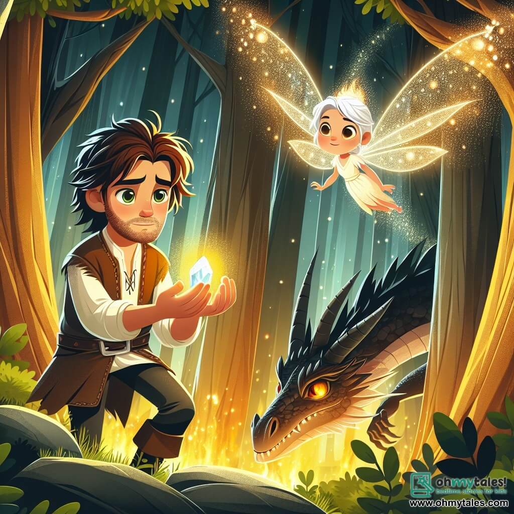 Une illustration sous forme de dessin destinée aux enfants représentant une scène magique dans la forêt enchantée, où un homme courageux aux cheveux bruns en désordre et aux yeux pétillants, tenant une gemme brillante dans ses mains, se tient face à un dragon majestueux aux écailles sombres et aux yeux flamboyants, tandis qu'une petite fée lumineuse aux ailes scintillantes vole à ses côtés, le tout baigné dans une lumière dorée filtrant à travers les arbres, symbolisant l'espoir et le courage dans un moment décisif de leur quête pour sauver leur village du danger imminent.