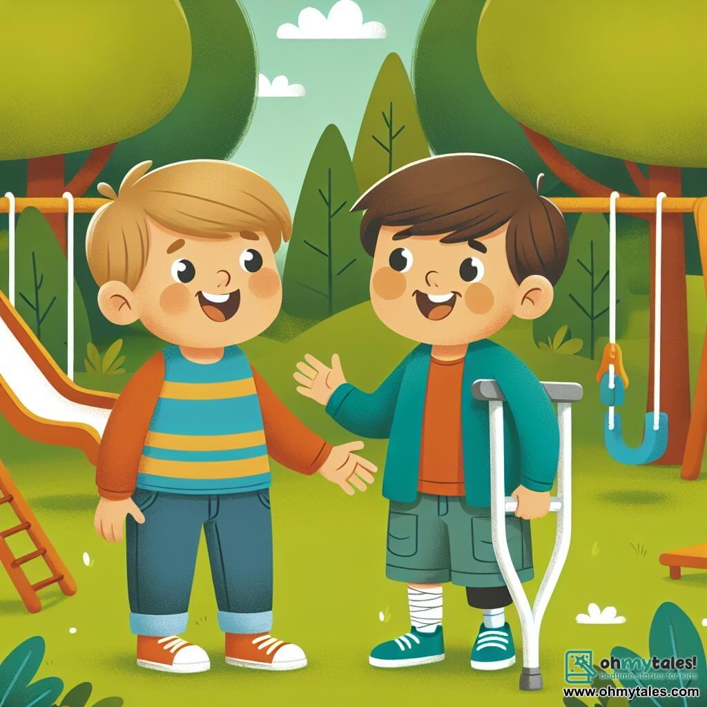 Une illustration destinée aux enfants représentant un jeune garçon curieux et joyeux, accompagné d'un nouvel ami, un autre garçon avec des crutches, qui explorent ensemble un parc ensoleillé rempli de balançoires, toboggans et arbres verdoyants.