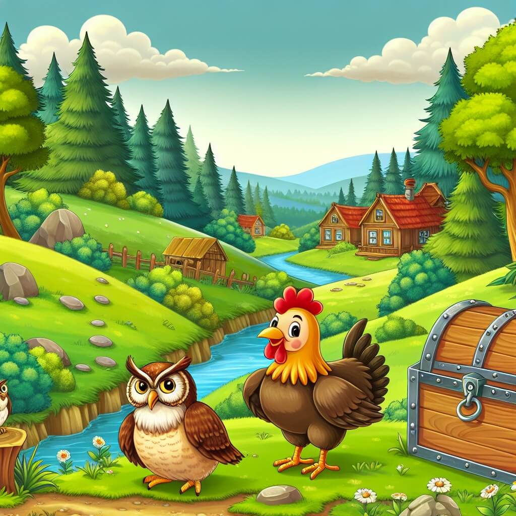 Une illustration destinée aux enfants représentant une poule courageuse et audacieuse, se tenant devant une mystérieuse malle au trésor, accompagnée d'un sage hibou, dans un village paisible niché au cœur d'une campagne verdoyante, entouré de prairies luxuriantes, de ruisseaux babillants et de forêts denses.