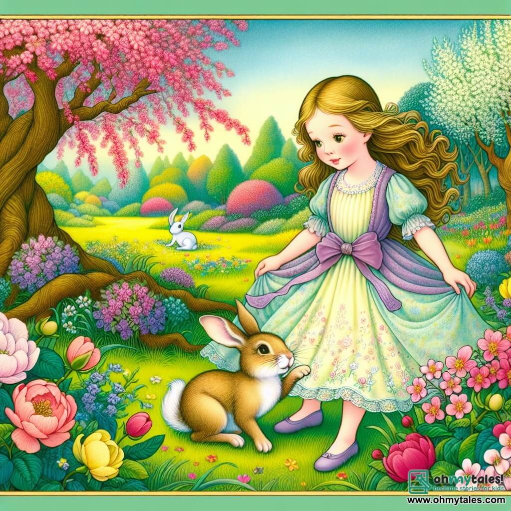 Une illustration destinée aux enfants représentant une jeune fille curieuse et imaginative, qui découvre un jardin enchanté au printemps, accompagnée d'un adorable lapin, dans une prairie aux couleurs éclatantes et aux arbres fleuris.