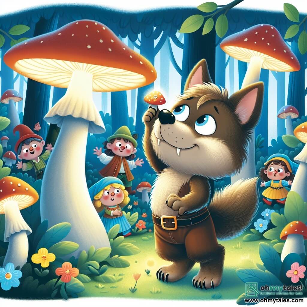 Une illustration destinée aux enfants représentant une adorable petite loup-garou, avec des oreilles pointues et une queue touffue, qui se retrouve dans une situation comique en essayant de cacher ses crocs pointus devant une joyeuse bande de farceurs dans une forêt enchantée remplie de champignons lumineux et de fleurs aux couleurs vives.