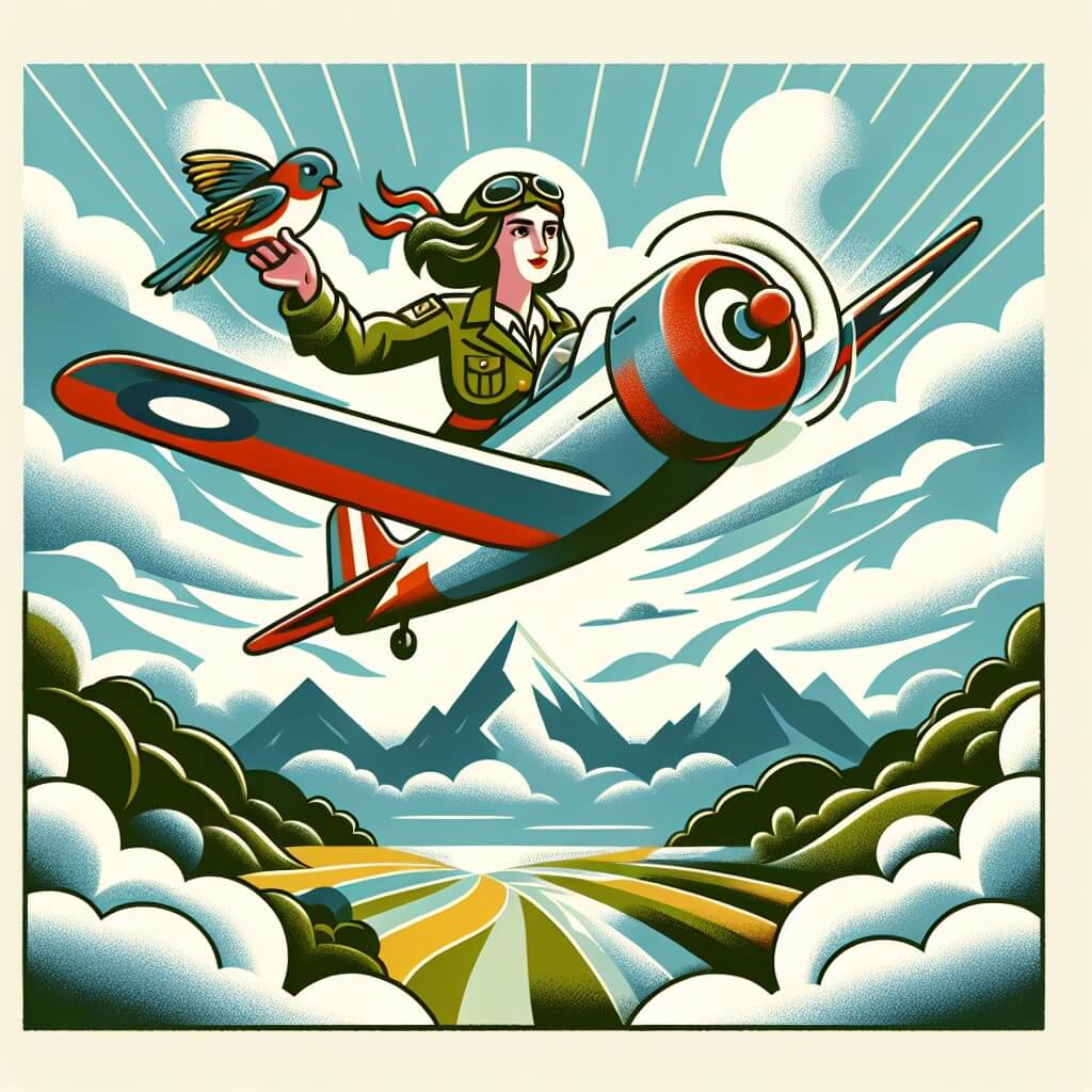 Une illustration destinée aux enfants représentant une femme pilote d'avion, passionnée et courageuse, en train de voler dans un ciel bleu parsemé de nuages cotonneux, accompagnée de son fidèle copilote, un oiseau coloré, au-dessus d'une vaste étendue de champs verdoyants et de montagnes majestueuses.