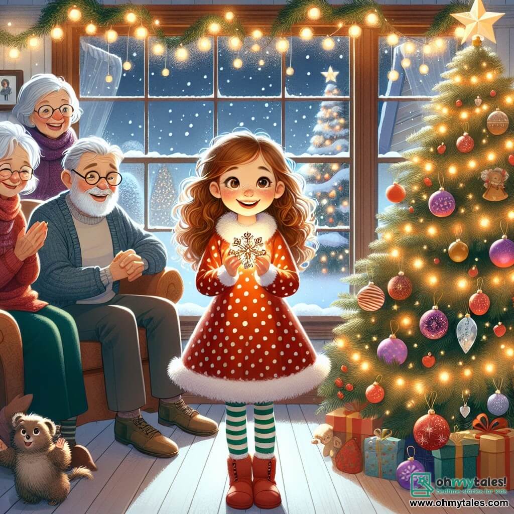 The illustration depicts a warm scene inside a house decorated for Christmas. The walls are adorned with sparkling string lights, and a large Christmas tree stands in the center of the room, covered in colorful ornaments and topped with a shining star. In the foreground, a 7-year-old girl with curly brown hair and sparkling eyes smiles in wonder while holding a beautiful snowflake-shaped ornament. She wears a red dress with white polka dots and striped tights, adding a festive touch to her appearance. Surrounding her are several elderly residents, including a man with a white beard and round glasses, and a woman with gray hair and a kind smile, both watching her with joyful expressions. The man, around 70 years old, sits in an armchair, while the woman, about 65, stands beside her with hands on her hips, admiring the ornament. The main scene shows the girl sharing her magical discovery with the residents, creating an atmosphere of joy and camaraderie. Snowflakes gently fall outside the window, adding a touch of winter magic to this festive scene. Steaming mugs of hot chocolate are placed on a wooden table, and Christmas cookies are arranged on a tray, enhancing the spirit of sharing and togetherness on this beautiful Christmas evening.