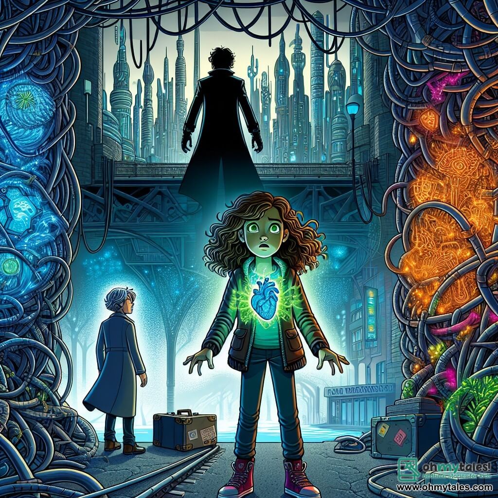 Une illustration sous forme de dessin destinée aux enfants représentant une ville futuriste nommée Gearhaven, où des gratte-ciels en métal s'entrelacent avec des plantes luminescentes, au premier plan, une fille de 11 ans avec des cheveux bouclés et des yeux verts brillants, tenant un cœur de cristal pulsant de magie, tandis qu'à ses côtés se tient une jeune fille aux cheveux argentés et aux yeux saphir, regardant avec admiration et détermination, alors qu'elles se préparent à affronter une ombre menaçante qui surgit des ruelles sombres, symbolisant le combat entre la magie et la technologie dans un monde en danger.