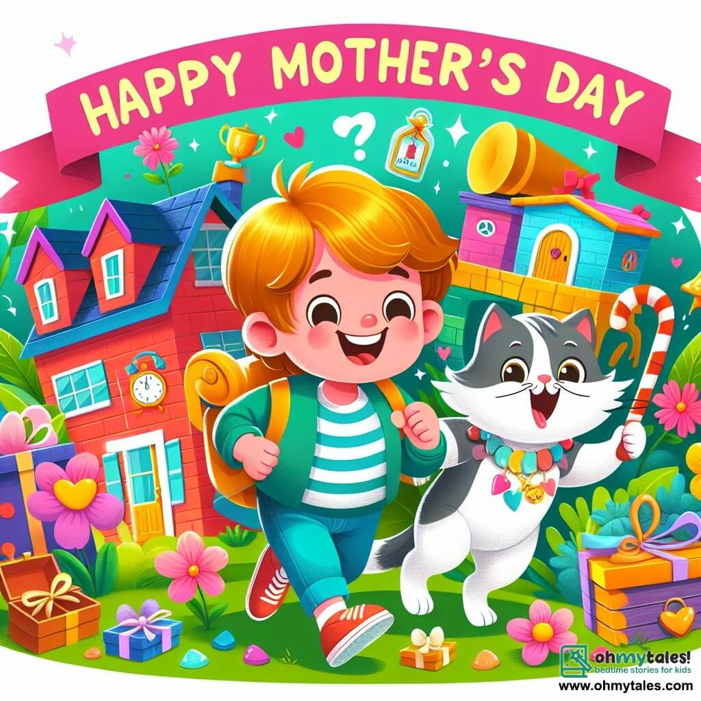 Une illustration destinée aux enfants représentant un petit garçon joyeux à la recherche du cadeau parfait pour la fête des mères, accompagné de son chat malicieux, explorant leur maison colorée pleine de cachettes secrètes et de trésors.