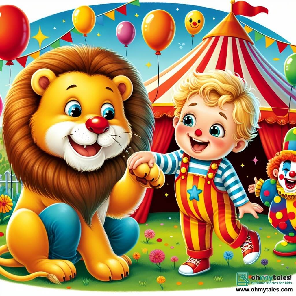 Une illustration sous forme de dessin destinée aux enfants représentant un cirque coloré avec un grand chapiteau rouge et des ballons flottants dans le ciel, où un petit garçon de 1 an aux cheveux blonds et aux yeux pétillants rit aux éclats en ticklant la patte d'un lion doré qui sourit, tandis qu'un clown aux cheveux bouclés et au nez rouge, vêtu d'un costume multicolore, danse joyeusement à côté, créant une atmosphère de joie et de magie dans ce moment de bonheur partagé.