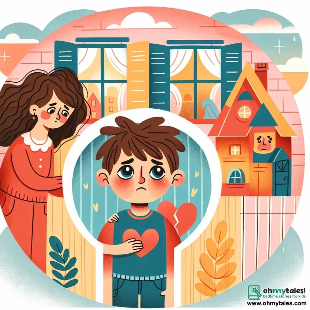 Une illustration destinée aux enfants représentant un garçon aux yeux brillants et au cœur lourd, faisant face à la séparation de ses parents, avec un personnage secondaire, une fille aux cheveux bouclés et aux bras réconfortants, dans une maison chaleureuse aux murs colorés et aux fenêtres ornées de rideaux fleuris.