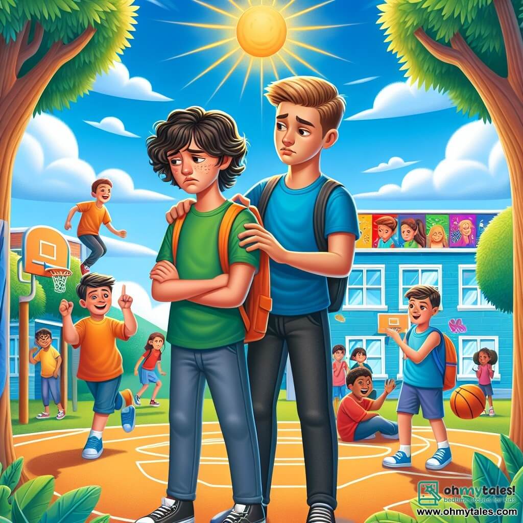 An illustration depicting a vibrant and dynamic scene in a sunny schoolyard, surrounded by tall trees with green leaves and a colorful playground. In the center, a group of boys, around 11 years old, stands in a circle around a boy with curly brown hair, who looks worried and uncomfortable, his eyes downcast. Next to him, another boy, taller with blonde hair and a confident demeanor, raises his hand to defend him, displaying a determined and protective expression. In the background, children are playing basketball, while others are chatting joyfully, creating an atmosphere that contrasts with the tension of the moment. Colorful posters on the school walls carry messages of support and respect, adding a touch of hope to the scene. The sky is blue, and the sun is shining, symbolizing a new beginning and the importance of friendship in the fight against bullying.