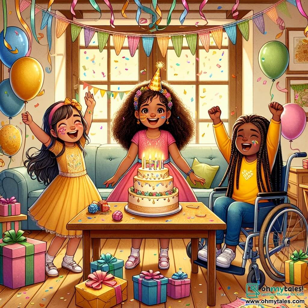 An illustration depicting a cozy living room decorated for a birthday. The walls are adorned with colorful garlands and floating balloons, while a large wooden table is covered with a cheerful tablecloth, laden with colorful gifts and a cream cake with sparkling candles. In the center of the scene, a 7-year-old girl with curly hair and a bright pink dress smiles with sparkling eyes. Next to her, another 6-year-old girl with long, smooth hair wears a yellow t-shirt and jumps for joy with her arms raised. Nearby, an 8-year-old girl sitting in a blue wheelchair has a big smile and holds a piece of cake, her braided hair falling over her shoulders. The main situation shows the three friends celebrating together, surrounded by laughter and joy, ready to blow out the candles on the cake. Colorful confetti floats in the air, adding a festive touch to the entire illustration.