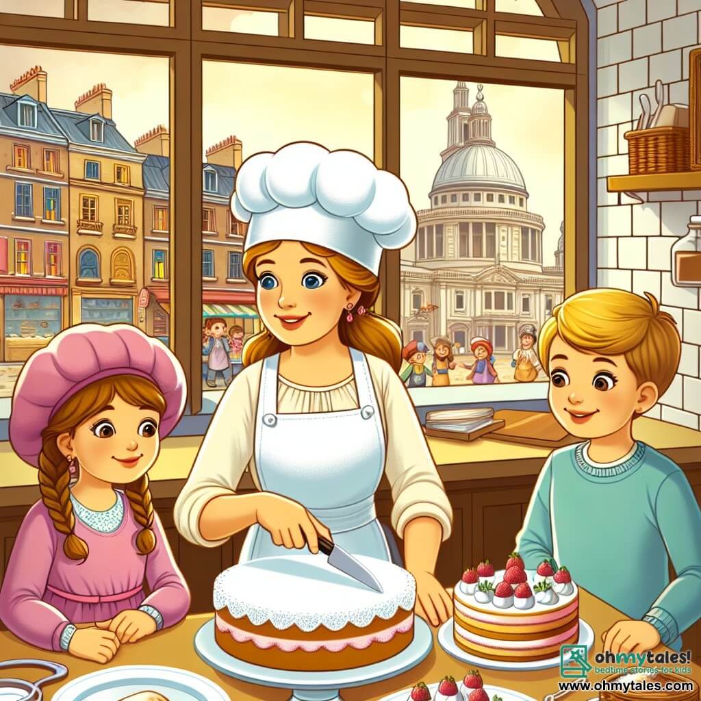 Une illustration destinée aux enfants représentant une talentueuse boulangère, une fille, préparant des délicieux gâteaux avec l'aide de deux enfants curieux, une fille et un garçon, dans une boulangerie chaleureuse et colorée de la ville de Maplewood.