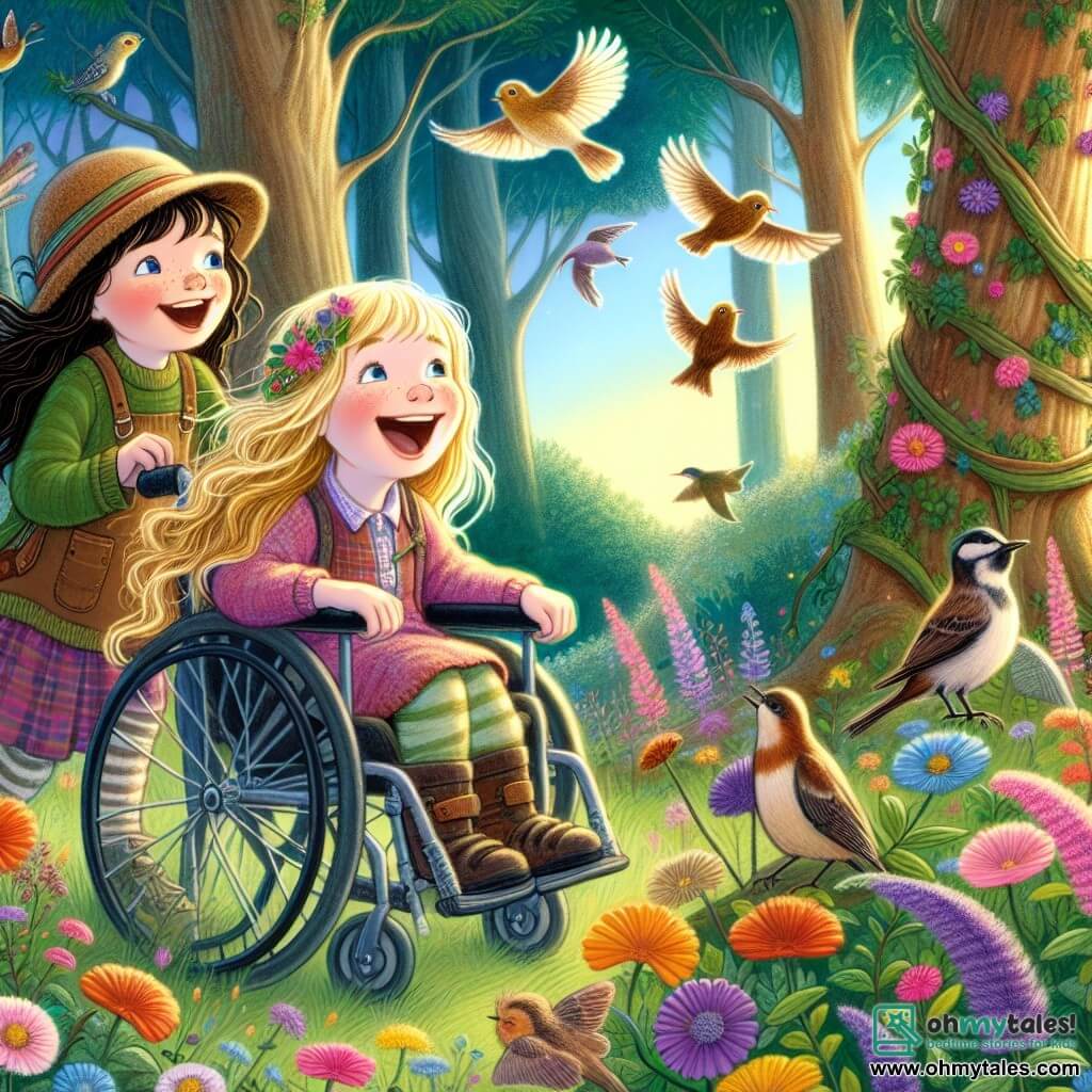 Une illustration destinée aux enfants représentant une fillette au sourire éclatant, accompagnée de son amie en fauteuil roulant, explorant ensemble une forêt enchantée aux arbres majestueux, aux oiseaux chantants et aux fleurs sauvages colorées.