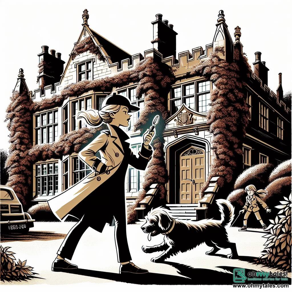 Une illustration destinée aux enfants représentant une jeune détective malicieuse, accompagnée de son fidèle chien détective, enquêtant sur un mystère dans un manoir ancien aux murs recouverts de lierre, avec une grande porte d'entrée imposante à l'arrière-plan.