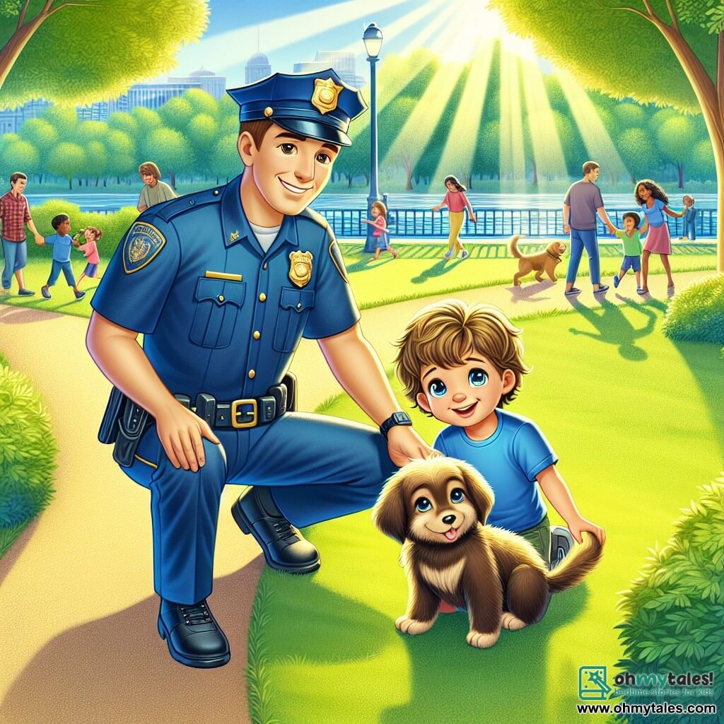 Une illustration sous forme de dessin destinée aux enfants représentant un parc ensoleillé de la ville de Maplewood, avec un homme policier en uniforme bleu, souriant et bienveillant, agenouillé à côté d'un jeune garçon aux cheveux bruns et aux yeux pétillants, qui tient un petit chiot aux poils dorés, tandis qu'ils s'apprêtent à traverser un chemin ensemble, entourés d'arbres verdoyants, de familles jouant et de rires d'enfants résonnant en arrière-plan, capturant l'esprit d'entraide et de sécurité.