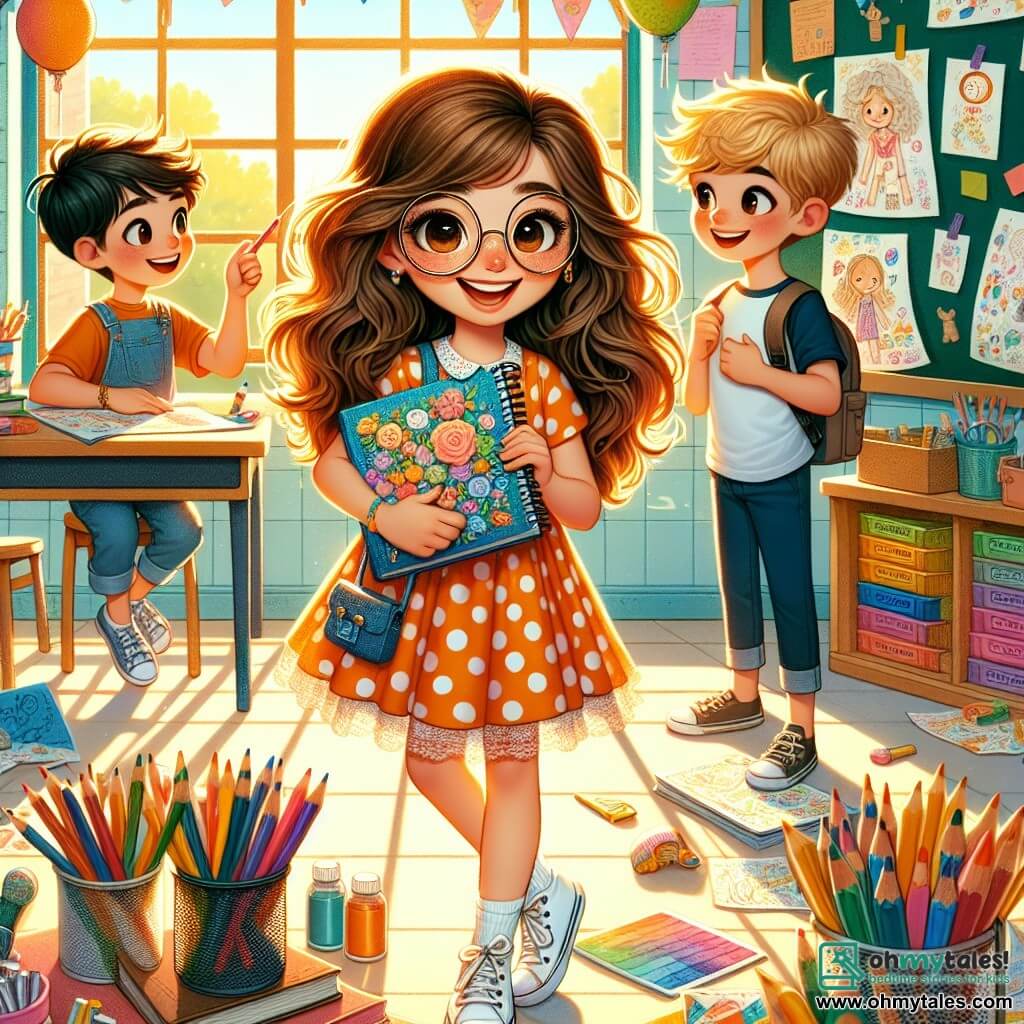The illustration depicts a vibrant scene in a sunlit classroom with pastel-colored walls and windows letting in the golden morning light. In the center, an 11-year-old girl with long wavy brown hair and round glasses smiles enthusiastically while holding a sketchbook filled with colorful drawings. She wears an orange polka dot dress and white sneakers, seemingly ready to share her creative ideas with her classmates. Around her, two boys, also around 11, one with messy blonde hair in a blue t-shirt and the other with brown hair and rectangular glasses, are joyfully discussing. The blonde boy holds a pencil and gestures while talking, while the boy with glasses attentively examines the girl's sketchbook, clearly impressed. The main scene shows the children planning an art project for their class, surrounded by colorful school supplies like crayons, markers, and various textured papers. Drawings of their ideas are scattered on the table, and a blackboard in the background is covered with notes and sketches. The atmosphere is joyful and creative, capturing the excitement of the new school year and the promise of new friendships.