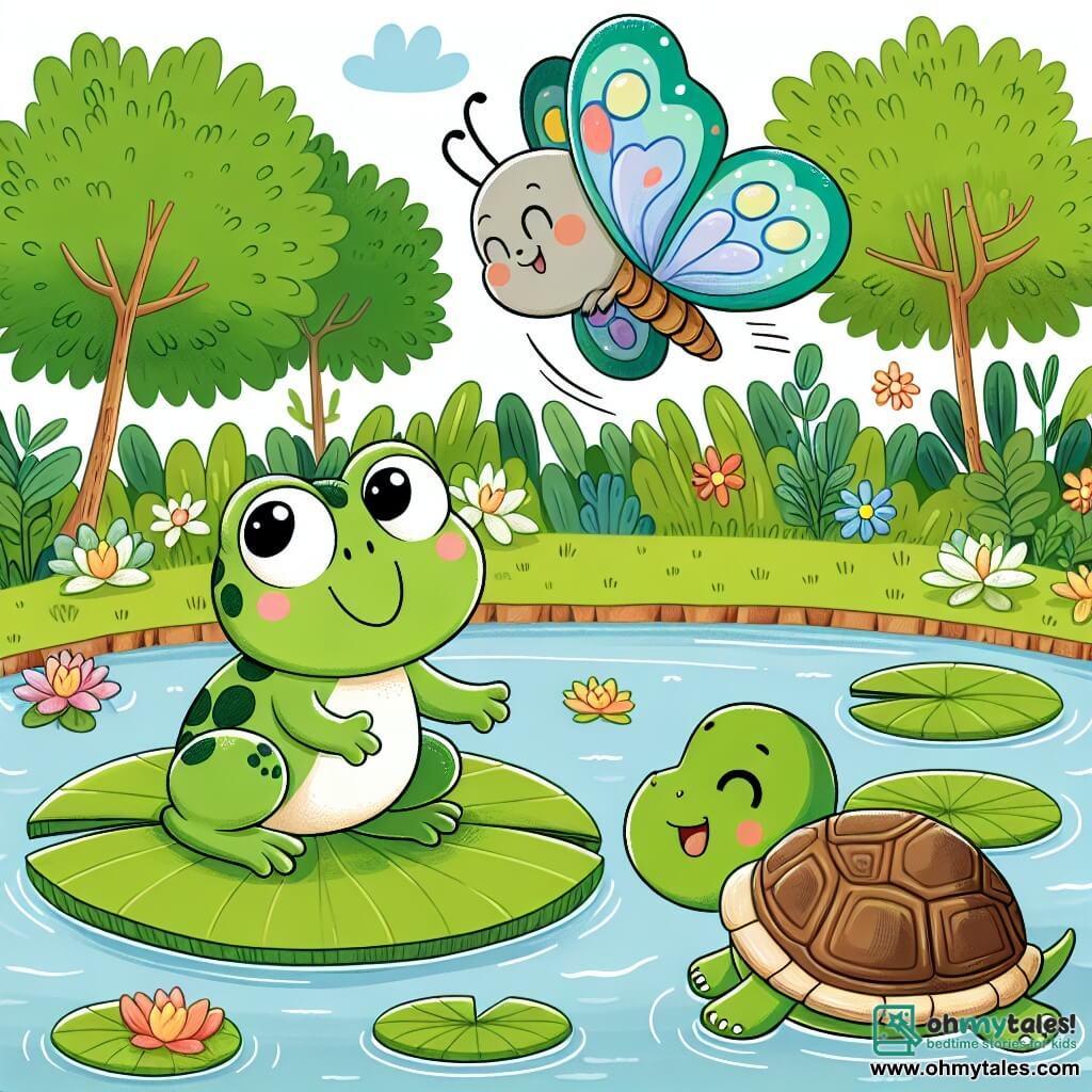Une illustration sous forme de dessin destinée aux enfants représentant un charmant étang verdoyant, avec une petite grenouille brillante et joyeuse, aux grands yeux ronds, qui s'apprête à sauter d'un grand nénuphar, entourée de son amie, une délicate papillon aux ailes colorées qui vole joyeusement autour d'elle, tandis qu'un vieux tortue sage, avec une carapace rugueuse et un air bienveillant, les observe avec un sourire encourageant, capturant l'instant où la grenouille prend son élan pour réaliser son rêve de sauter haut dans le ciel.