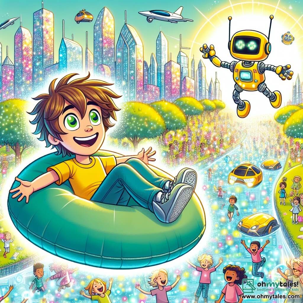 Une illustration sous forme de dessin destinée aux enfants représentant une ville futuriste éclatante avec des gratte-ciels scintillants et des voitures volantes, où un garçon de 9 ans aux cheveux bruns en bataille et aux yeux verts pétillants, flottant joyeusement sur un coussin anti-gravité, est entouré d'un petit robot jaune aux bras métalliques qui danse autour de lui, alors qu'ils s'apprêtent à explorer un parc rempli d'enfants riant et jouant avec des hologrammes colorés, le tout baigné dans une lumière ensoleillée et joyeuse.