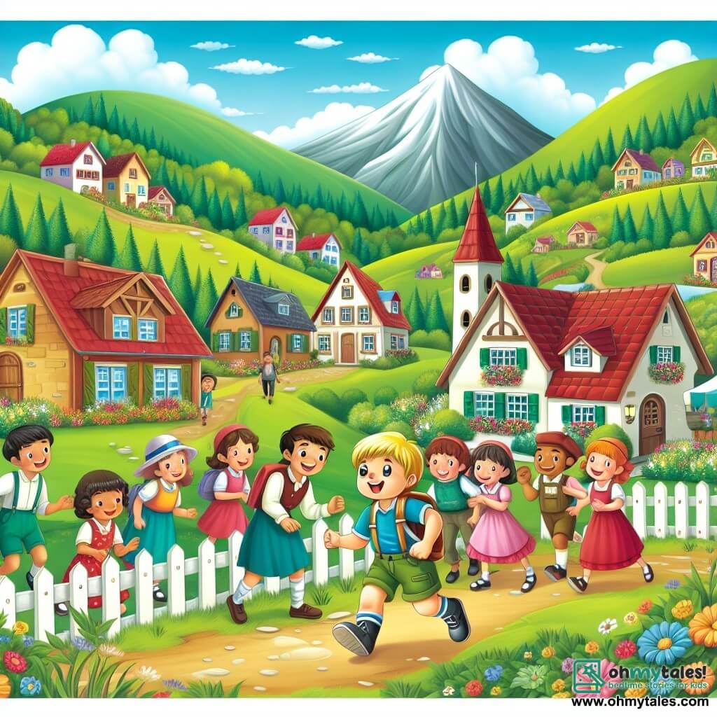 Une illustration destinée aux enfants représentant un garçon joyeux et courageux, confronté à un défi inattendu après s'être blessé, entouré de ses amis attentionnés, dans une petite ville pittoresque bordée de collines verdoyantes et de prairies fleuries.