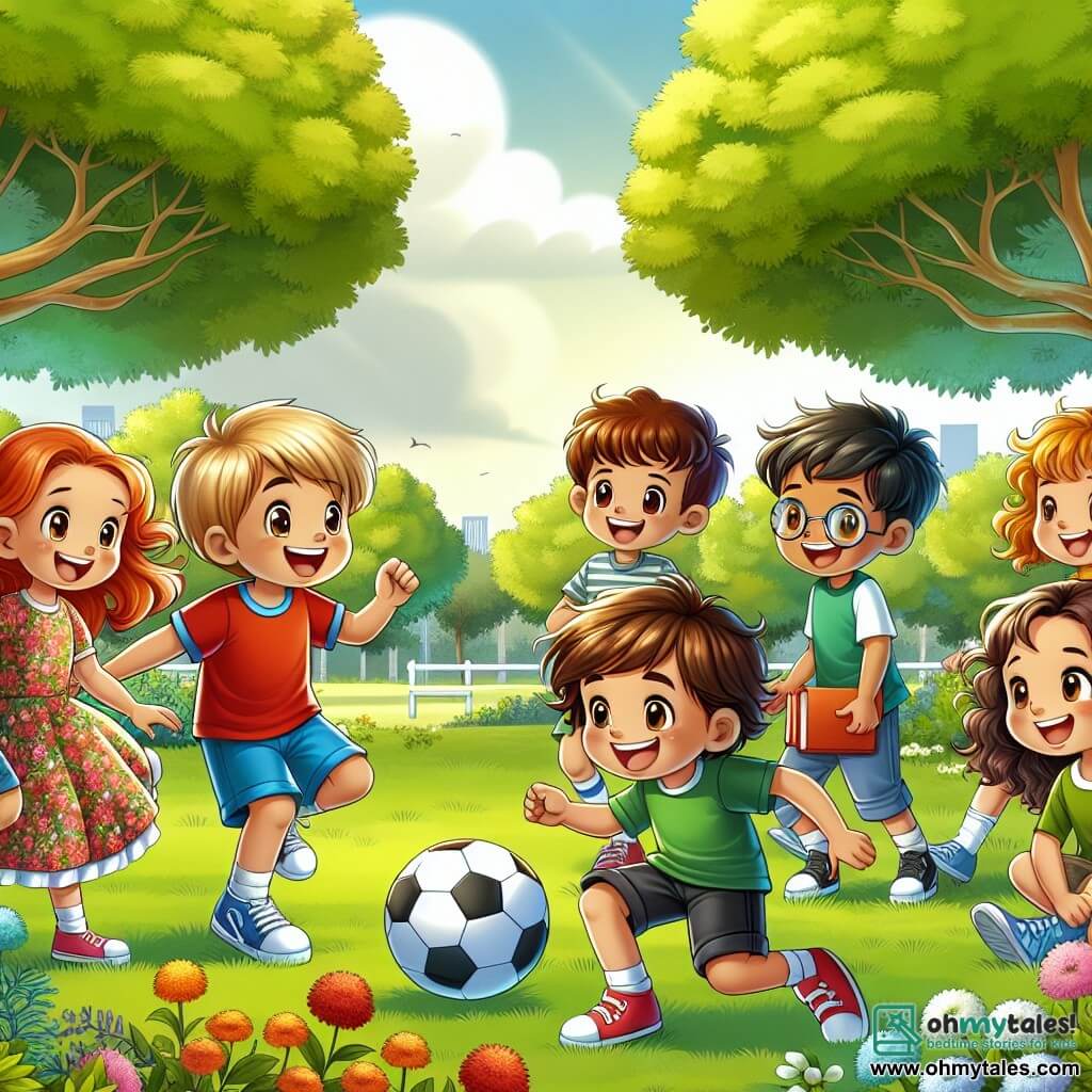 An illustration depicts a large sunny park filled with vibrant green trees and colorful flowers swaying in a gentle breeze. In the center, a group of children gathers on a lush lawn, surrounded by laughter and joy. There is a smiling 10-year-old blond boy wearing a red t-shirt and blue shorts, holding a soccer ball. Next to him, a 9-year-old girl with curly red hair wears a floral dress and beams with enthusiasm. An 11-year-old brown-haired boy with glasses holds a book and watches the scene with admiration. Finally, a 10-year-old Asian boy in a green t-shirt and black shorts stands a bit apart, but his face lights up with happiness. The scene shows the children playing soccer together, while the previously shy Asian boy prepares to kick the ball with determination, surrounded by his encouraging new friends. In the background, other children play and laugh, creating an atmosphere of camaraderie and acceptance. Colorful superhero drawings are visible on the ground, reflecting one child's passion for drawing.
