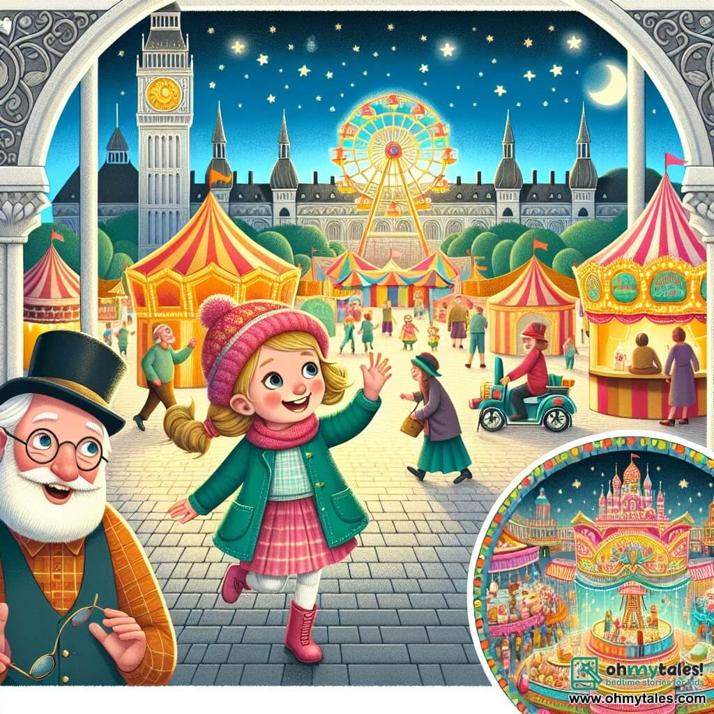 Une illustration destinée aux enfants représentant une fillette curieuse explorant un carnaval magique, accompagnée d'un sympathique vieil homme portant un chapeau haut-de-forme, dans une place principale transformée en un monde de tentes colorées, de manèges excitants et de délicieux stands de nourriture.
