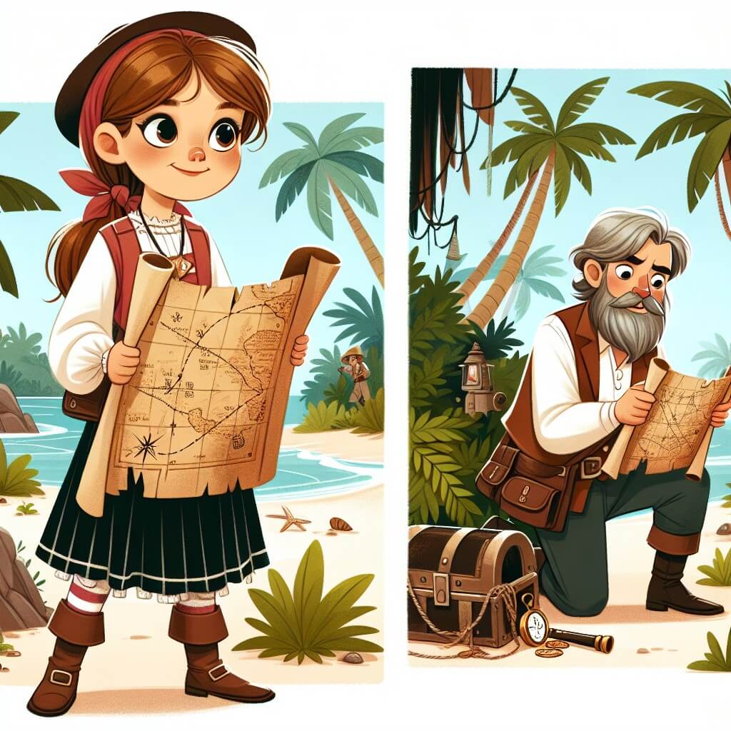 Une illustration destinée aux enfants représentant une jeune femme aventurière, vêtue d'une tenue de découvreur, tenant une vieille carte au trésor, accompagnée d'un professeur barbu à la recherche d'indices, explorant une île tropicale luxuriante avec des plages de sable blanc, des palmiers majestueux et une grotte mystérieuse.
