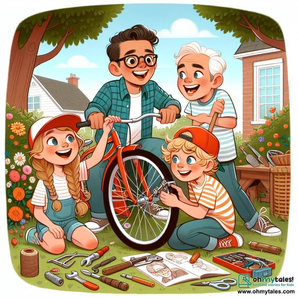 Une illustration sous forme de dessin destinée aux enfants représentant un groupe de quatre enfants de sept ans, deux garçons aux cheveux blonds et bouclés, l'un portant une casquette rouge et l'autre un t-shirt rayé, ainsi qu'une fille aux cheveux bruns tressés et un garçon aux lunettes, tous en train de rire et de travailler ensemble pour restaurer un vieux vélo rouge dans le jardin ensoleillé d'une maison, entourés de fleurs colorées et d'outils, tandis qu'un homme souriant, le père des garçons, les observe avec émerveillement et gratitude, créant une scène joyeuse et chaleureuse pour la fête des pères.