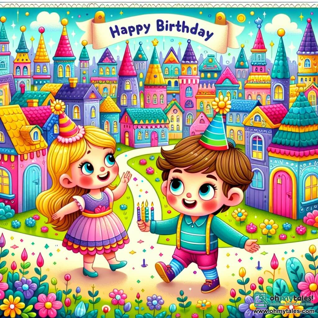 Une illustration destinée aux enfants représentant un petit garçon plein de curiosité et de joie, vivant une aventure magique lors de son anniversaire, accompagné de sa maman, dans une ville aux maisons colorées et aux rues bordées de fleurs, où règne une atmosphère de bonheur et de sourires, appelée Happyville.