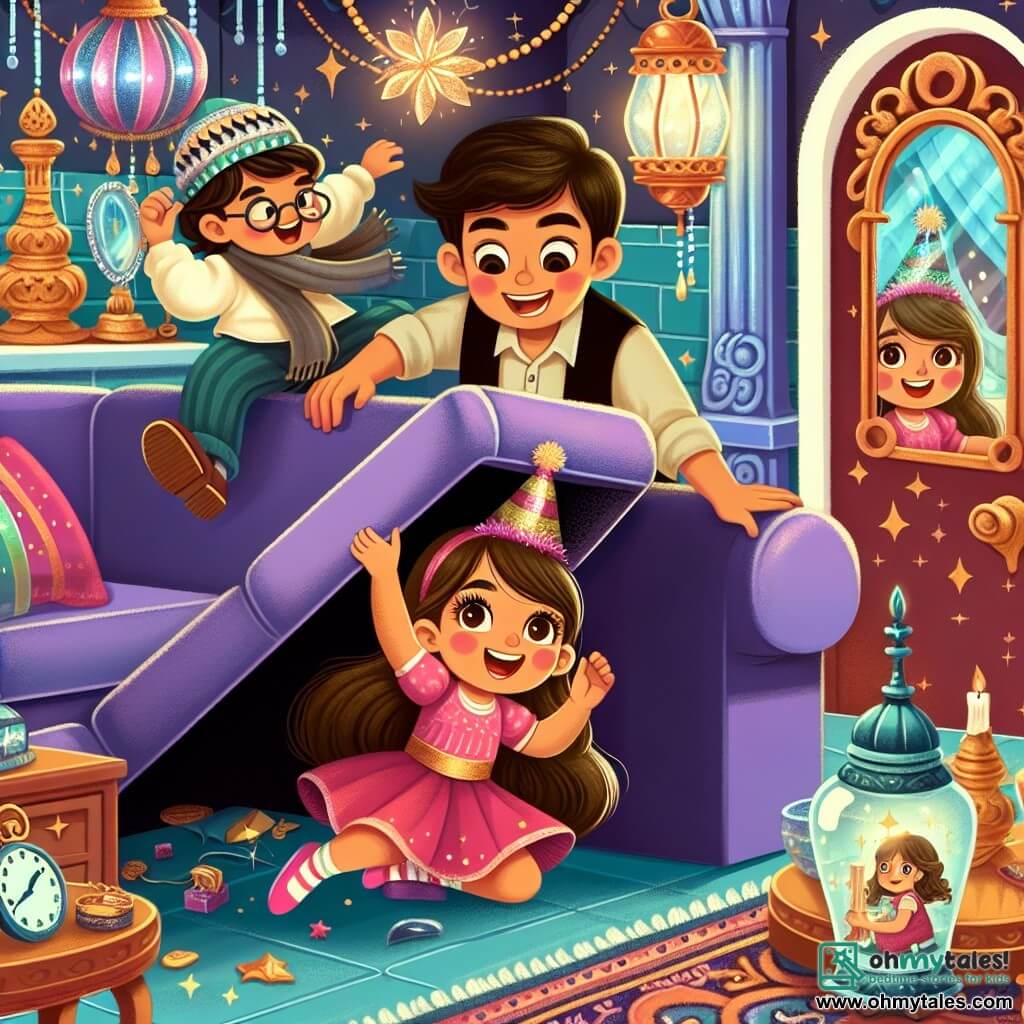 Une illustration destinée aux enfants représentant une jeune fille pleine d'entrain découvrant un passage secret sous le canapé, accompagnée de son frère aîné, dans une pièce magique ornée de miroirs scintillants et d'objets mystérieux, le tout se déroulant lors de la fête du Nouvel An.