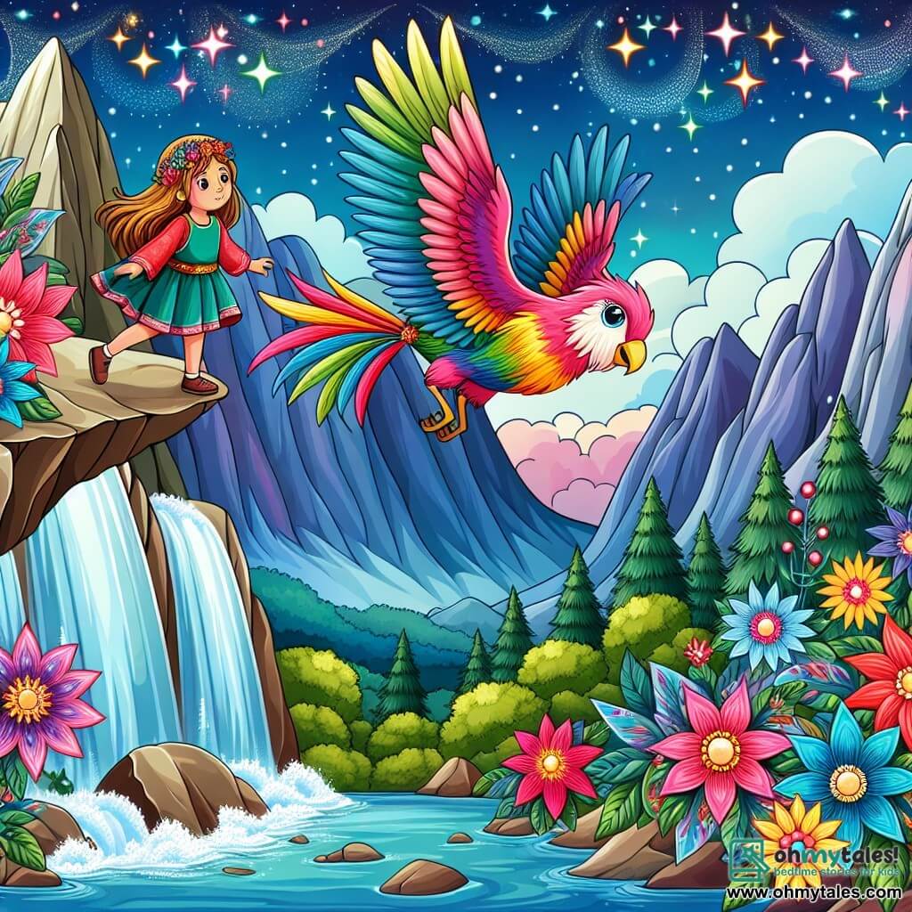 Une illustration destinée aux enfants représentant une jeune fille intrépide se tenant debout au sommet d'une montagne escarpée, défiant les lois de la gravité, accompagnée d'un petit oiseau coloré, dans un paysage féérique parsemé de cascades scintillantes et de fleurs géantes.