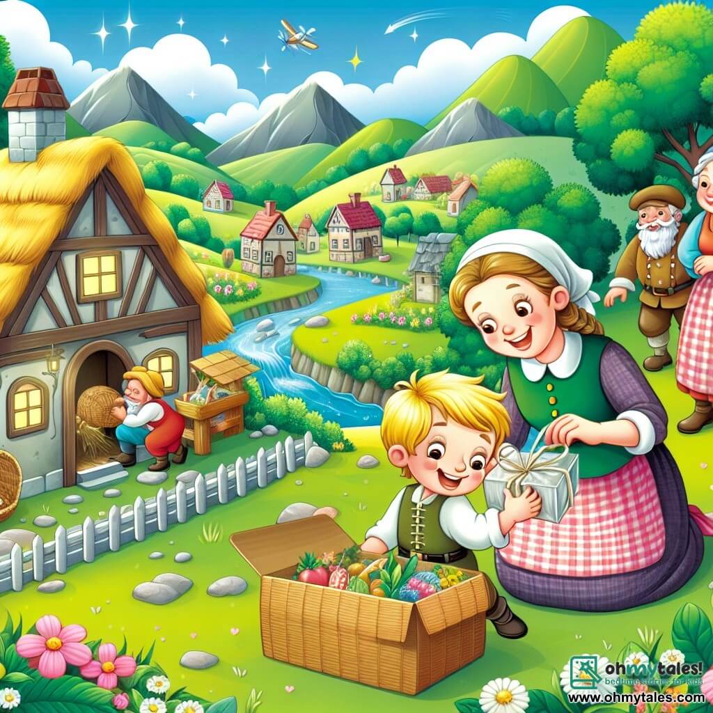 Une illustration destinée aux enfants représentant un petit garçon plein de malice préparant une surprise pour sa maman avec l'aide de son papa, dans un village pittoresque bordé de collines verdoyantes et de ruisseaux étincelants.