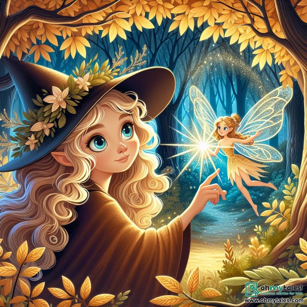 Une illustration destinée aux enfants représentant une jeune apprentie sorcière, aux boucles dorées et aux yeux bleus pétillants, découvrant un mystérieux éclat dans une forêt enchantée, accompagnée d'une élégante fée aux ailes délicates, dans un clairière secrète aux arbres majestueux, parés de feuilles dorées qui baignent le paysage d'une lumière féerique.