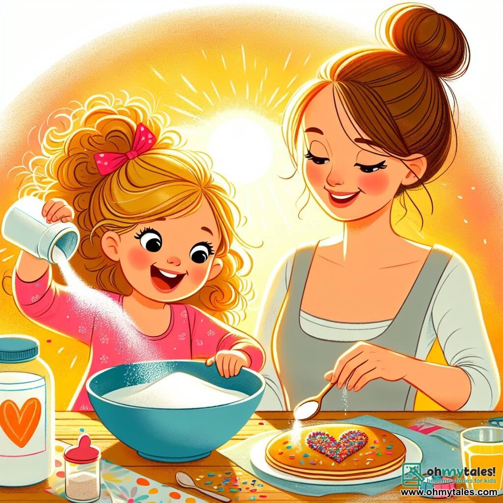 Une illustration sous forme de dessin destinée aux enfants représentant une cuisine ensoleillée et colorée, avec une petite fille de 3 ans aux cheveux bouclés et dorés, souriante et pleine d'énergie, qui verse de la farine dans un grand bol, tandis que sa maman, une femme aux cheveux châtains et attachés en chignon, l'observe avec un sourire chaleureux, et sur la table se trouve un pancake en forme de cœur décoré de sprinkles colorés, symbolisant leur préparation d'un petit-déjeuner surprise pour la fête des pères.