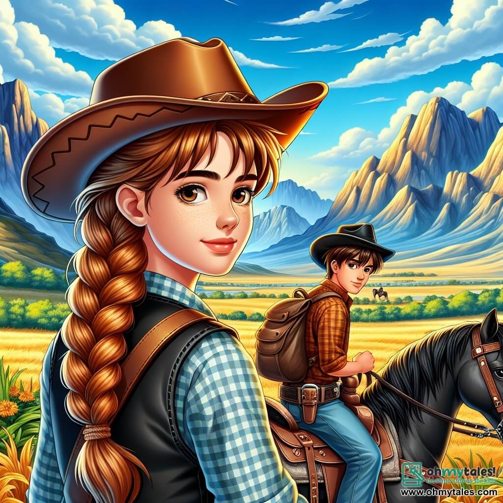 Une illustration sous forme de dessin destinée aux enfants représentant un paysage de prairie dorée sous un ciel bleu éclatant, avec une jeune cowgirl aux cheveux châtain en tresse, portant un chapeau de cowboy et un gilet en cuir, chevauchant un cheval noir nommé Thunder, tandis qu'un garçon aux cheveux bruns, vêtu d'une chemise à carreaux et d'un chapeau, observe avec admiration, alors qu'ils découvrent une carte au trésor mystérieuse, entourés de montagnes majestueuses et d'arbres verdoyants, symbolisant l'esprit d'aventure et la quête de trésor dans le Far West.