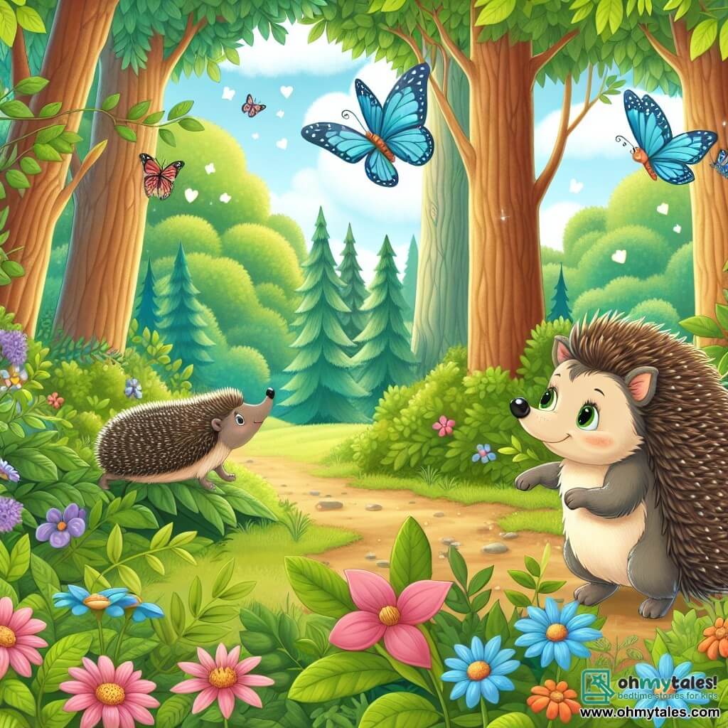 Une illustration destinée aux enfants représentant un hérisson curieux et aventureux, une rencontre magique avec une jolie papillon, dans une forêt luxuriante aux arbres majestueux et aux fleurs colorées.
