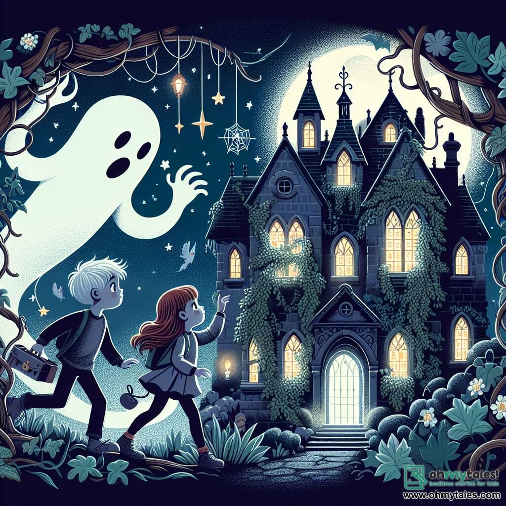 Une illustration destinée aux enfants représentant un fantôme farceur et son amie humaine explorant un manoir hanté aux murs tapissés de lierres enchantés et aux fenêtres brillant de lueurs mystérieuses, dans le paisible village de Fableton.