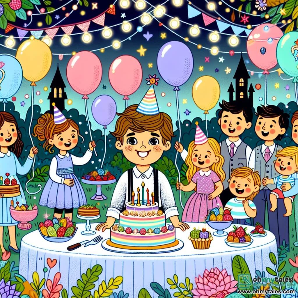 Une illustration destinée aux enfants représentant un petit garçon, entouré de sa famille et de ses amis, célébrant son anniversaire dans un jardin enchanté rempli de ballons colorés, de lumières scintillantes et d'une table de fête remplie de délicieuses gourmandises.