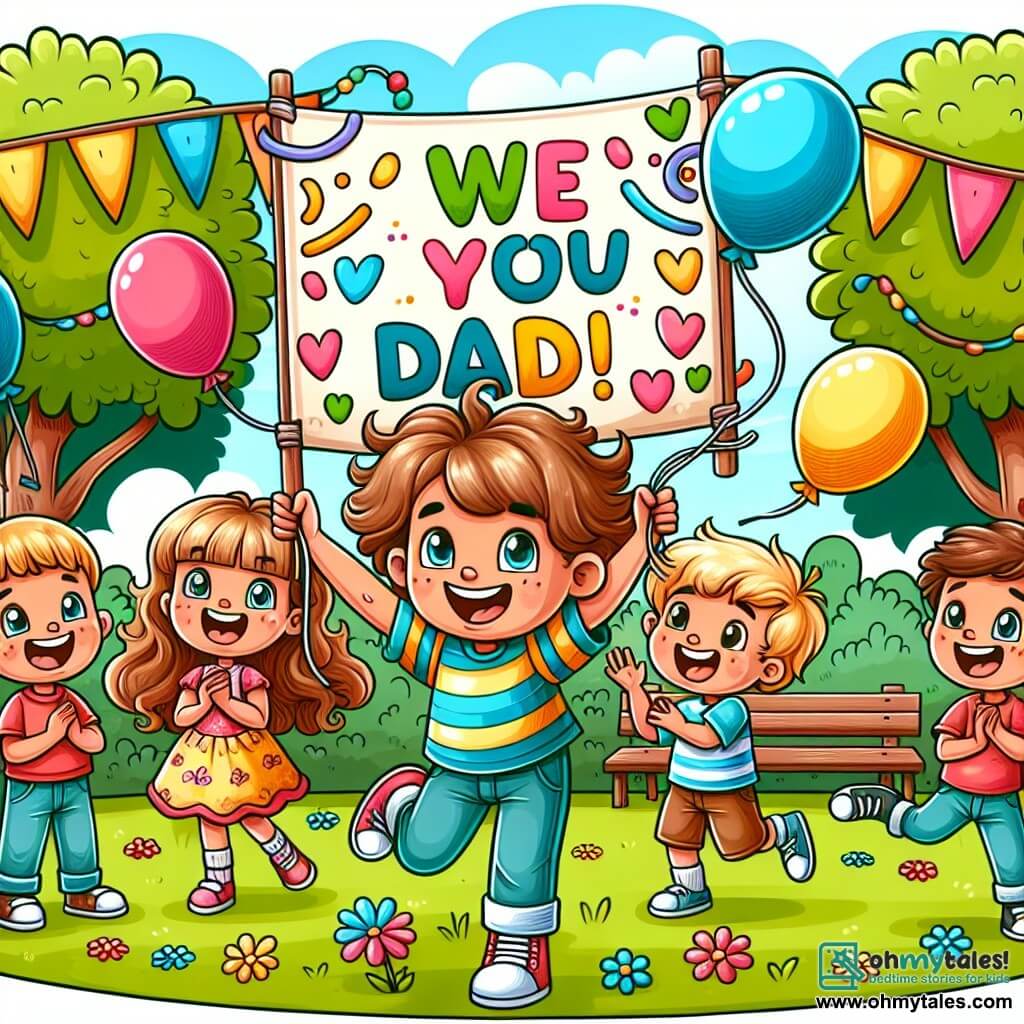 Une illustration sous forme de dessin destinée aux enfants représentant un parc ensoleillé rempli de familles joyeuses, avec un garçon de 9 ans aux cheveux ébouriffés et un grand sourire, tenant un panneau coloré "Nous t'aimons, Papa !" tandis qu'il danse avec ses amis, une fille aux boucles brunes et un garçon aux cheveux courts, tous deux riant et applaudissant, entourés de ballons multicolores et d'une grande arche de ballons, célébrant une fête des pères mémorable.