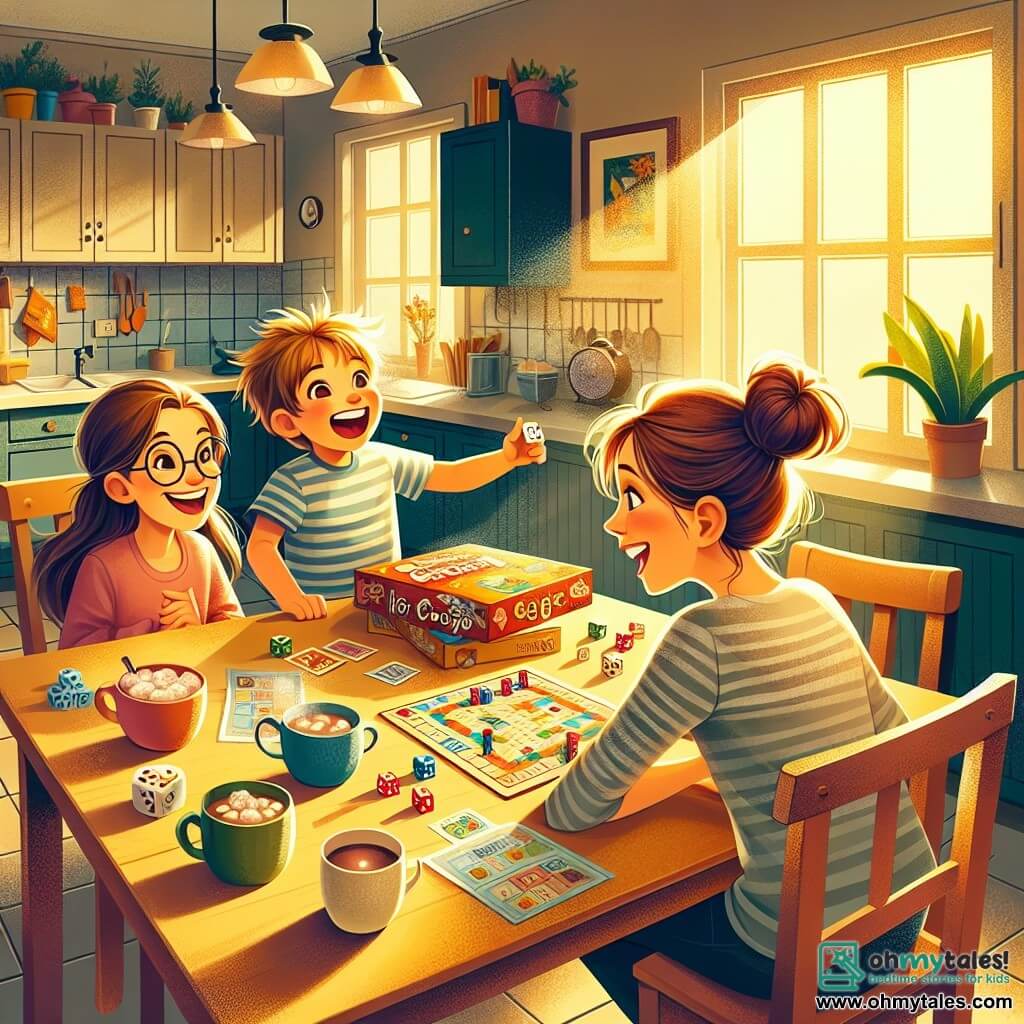 The illustration depicts a warm scene in a sunny family kitchen. The walls are painted a soft yellow, and a large window lets in light, illuminating a wooden table adorned with colorful board games and mugs of hot chocolate. In the center of the image, a nine-year-old girl with long brown hair and glasses smiles joyfully while holding a die in her hand. Next to her, a six-year-old boy with messy blond hair and a striped t-shirt jumps for joy, his eyes sparkling with excitement. Their mother, a woman in her thirties with brown hair tied in a bun, watches them with a loving smile, sitting on a chair, ready to encourage them. The main scene shows the family gathered around the table, eager to start a game night. The children are impatient and full of energy, while the mother expresses her love and joy at being together. In the background, moving boxes symbolize change, but the warmth of the scene shows that family love remains constant. Laughter and a friendly atmosphere emanate from this illustration, capturing the essence of the new life they are building together.
