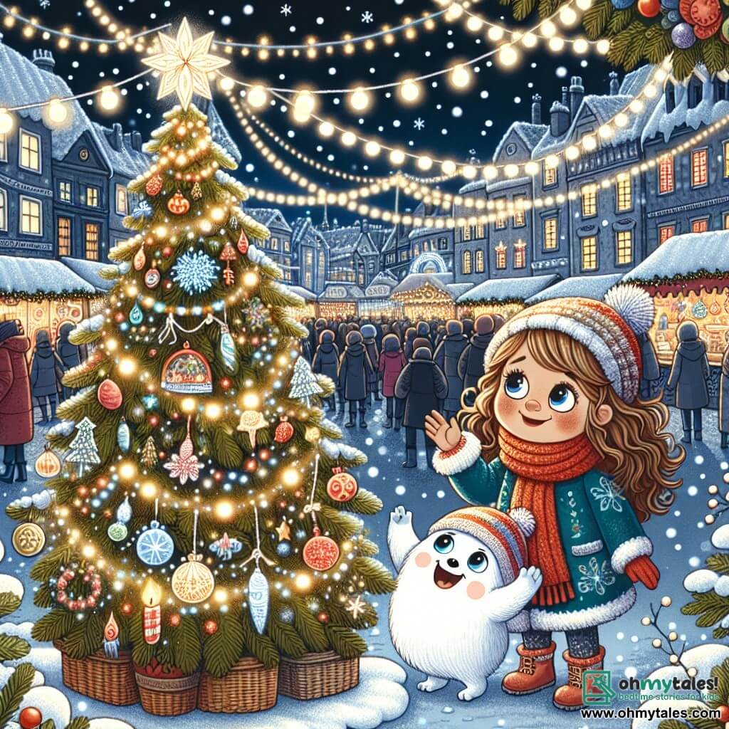 Une illustration sous forme de dessin destinée aux enfants représentant un marché de Noël animé dans un petit village enneigé, avec des lumières scintillantes et des stands colorés, où une fille de 11 ans aux cheveux bruns et bouclés, portant une écharpe rouge et un manteau bleu, regarde avec émerveillement un immense arbre de Noël décoré de guirlandes et d'ornements, tandis qu'un petit esprit de l'hiver, ressemblant à un adorable animal aux grandes oreilles et à la fourrure blanche, l'encourage joyeusement à faire un vœu près d'un arbre scintillant, capturant l'esprit de Noël et l'importance de la famille.