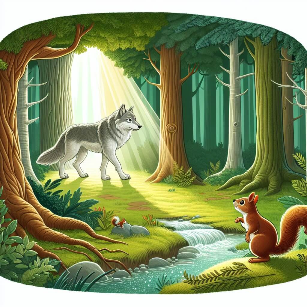 Une illustration destinée aux enfants représentant un majestueux loup solitaire, perdu dans une dense forêt, croisant le chemin d'une petite écureuil curieuse, dans un décor enchanteur avec des arbres touffus, une clairière illuminée par un rayon de soleil et une rivière scintillante.