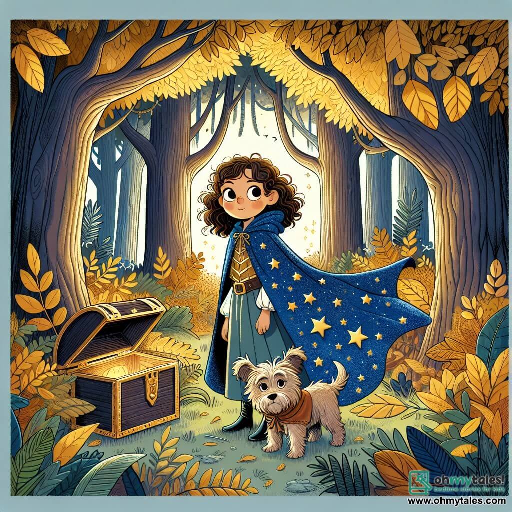Une illustration sous forme de dessin destinée aux enfants représentant une forêt enchantée aux arbres majestueux et aux feuilles dorées, où une fille de 11 ans aux cheveux bouclés et aux yeux pétillants, vêtue d'une magnifique cape bleue parsemée d'étoiles, se tient courageusement devant un petit chien scruffy à la queue frétillante, alors qu'ils découvrent un coffre ancien dissimulé sous des feuilles, symbolisant leur quête magique pour trouver un costume légendaire d'Halloween et aider un fantôme perdu.