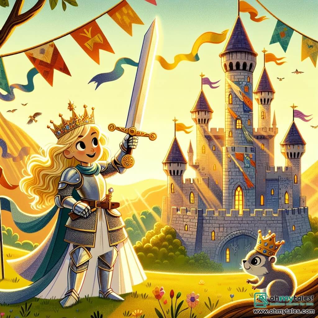 Une illustration sous forme de dessin destinée aux enfants représentant un grand château médiéval en pierre, avec des bannières colorées flottant au vent, où une courageuse chevaleresse aux cheveux longs et dorés, vêtue d'une armure argentée étincelante, brandit fièrement son épée scintillante, prête à affronter un mystérieux voleur encapuchonné, tandis qu'un petit écureuil couronné, observant la scène avec curiosité, se tient sur une branche à proximité, le tout baigné dans une lumière dorée du soleil couchant qui illumine le paysage enchanteur.