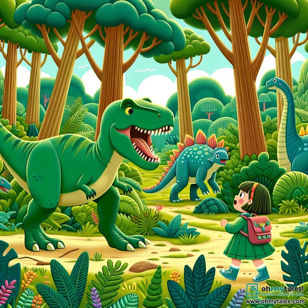Une illustration destinée aux enfants représentant un jeune Tyrannosaure Rex, une fille, cherchant son rugissement perdu avec l'aide de ses amis dinosaures, un garçon Stegosaurus et une fille Ankylosaurus, dans une forêt luxuriante remplie de grands arbres et de plantes colorées.